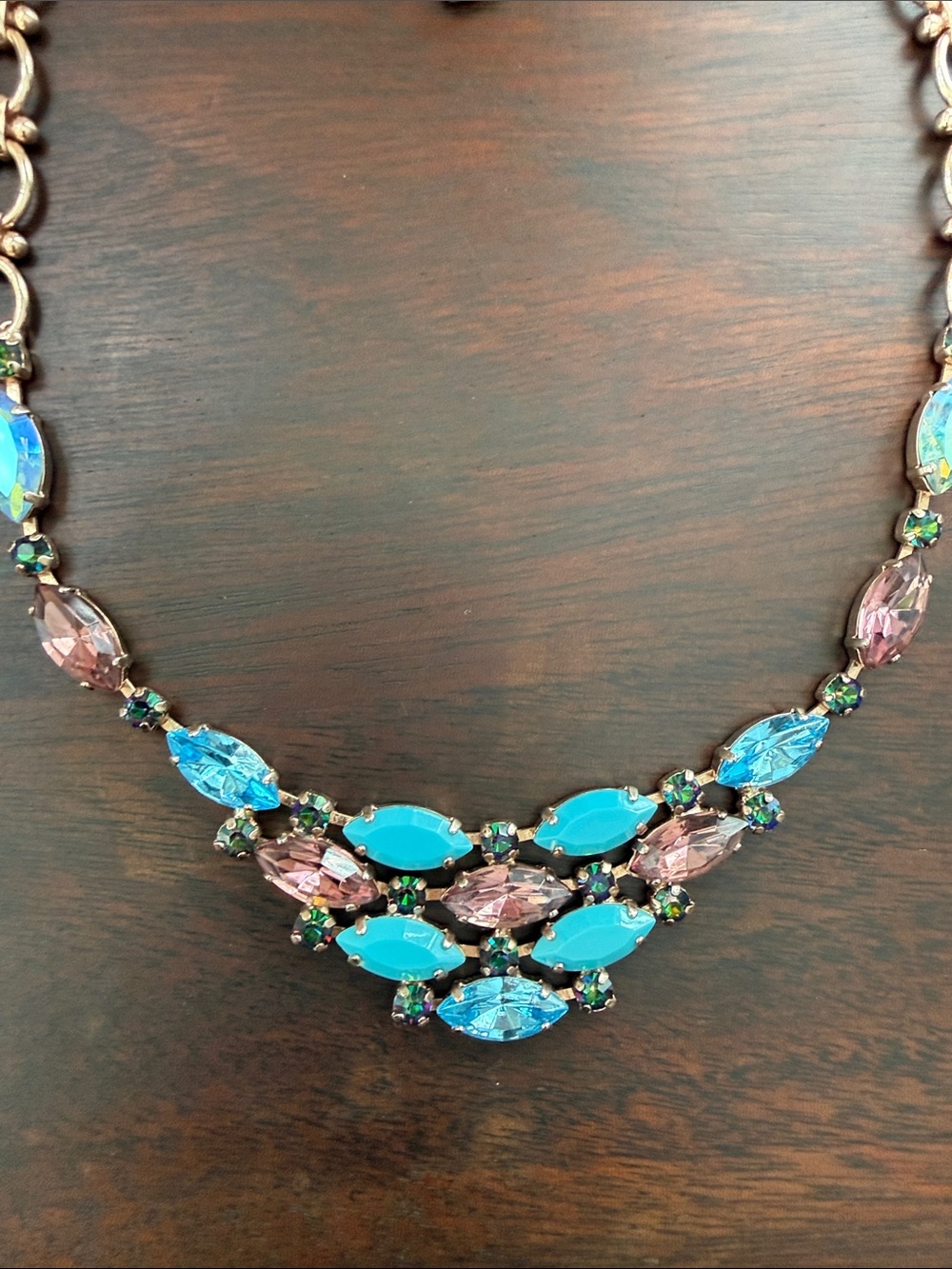 Mariana Crystal Bib Statement Necklace- Turquoise Blue, Aqua, Rose Pink